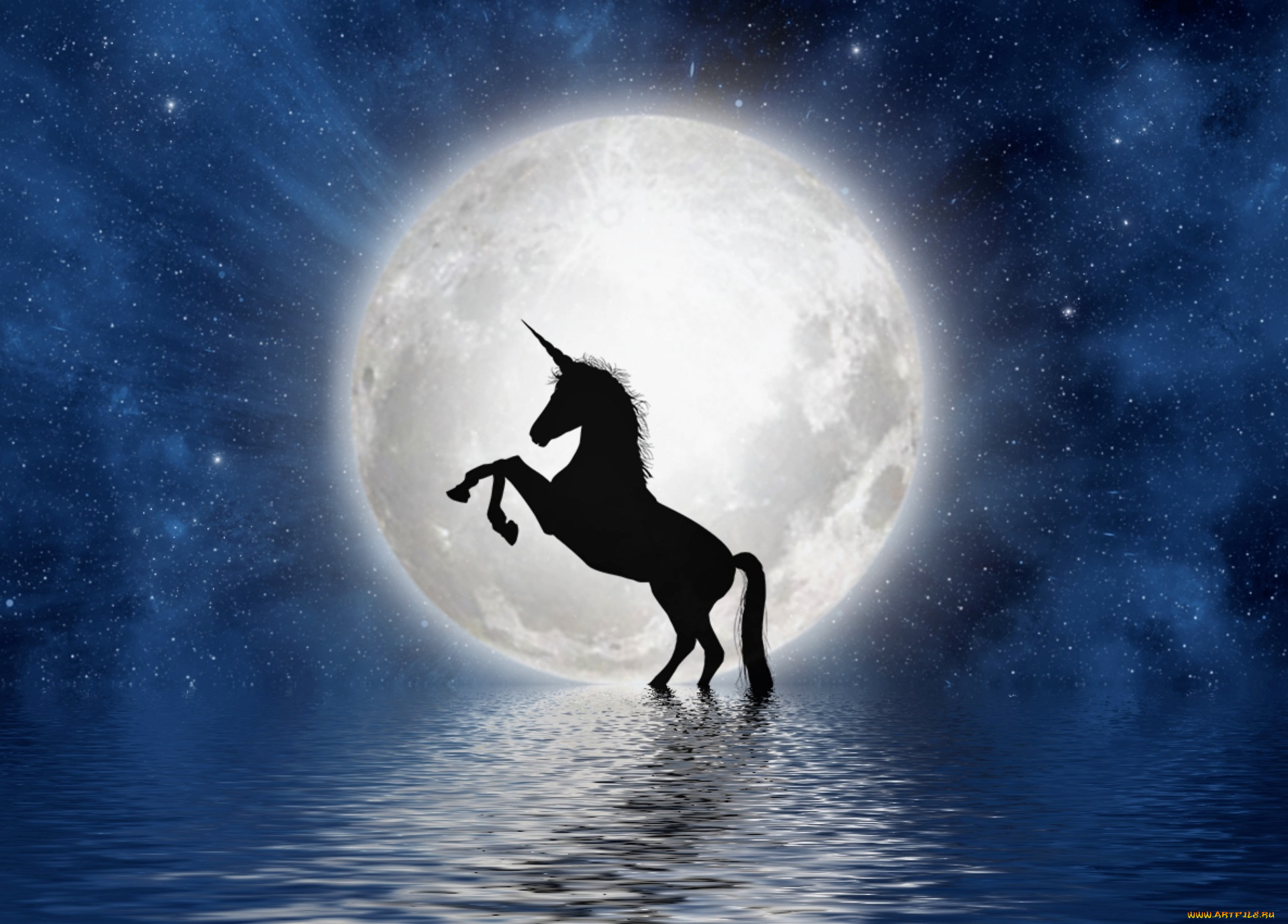3д, графика, фантазия, , fantasy, единорог, луна, вода