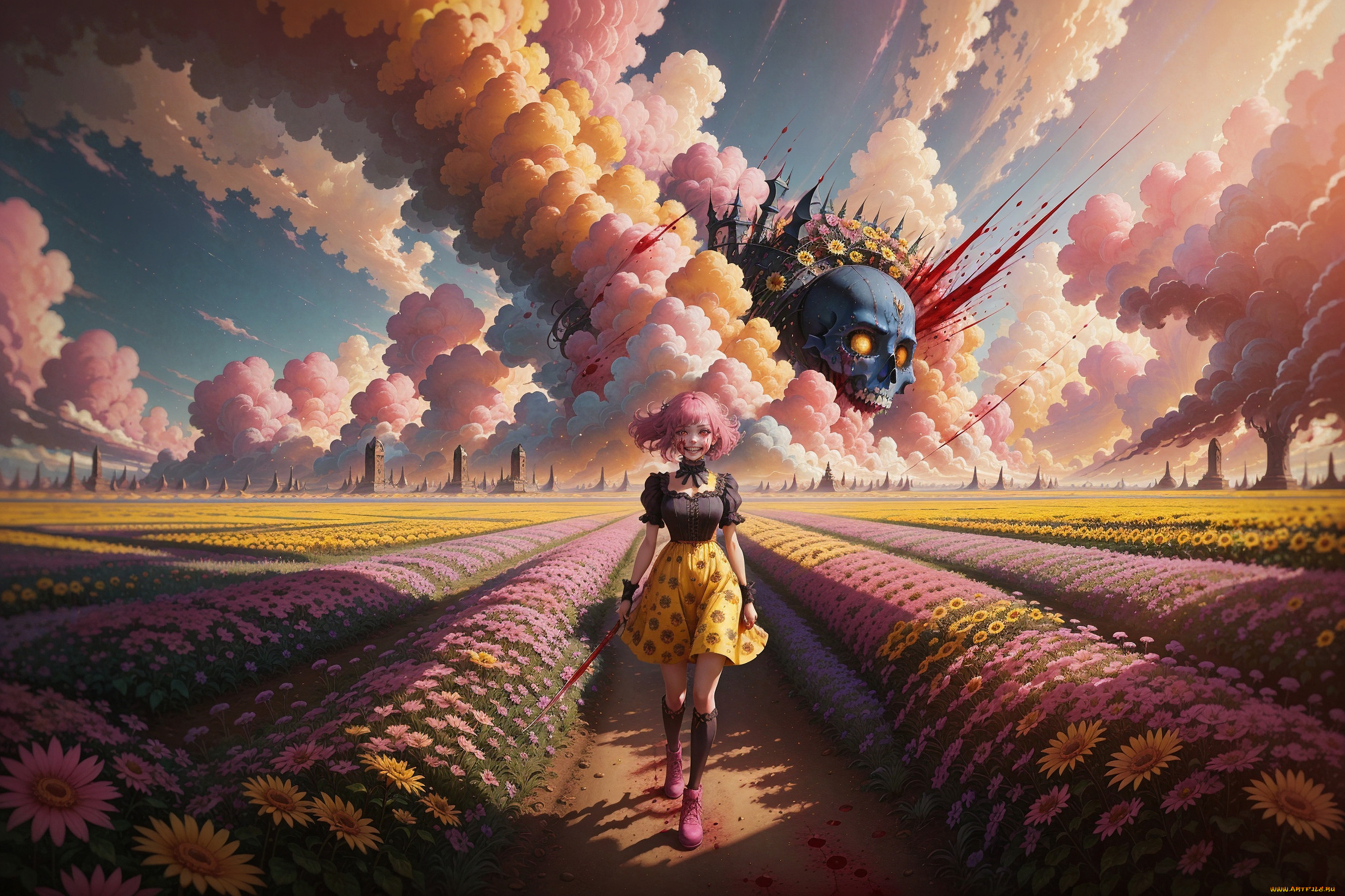 аниме, unknown, , другое, , нейросети, графика, нейроарт, ai, art, нейронные, сети, рисунки, нейро, искусство, поле, с, цветами, существо, в, облаках