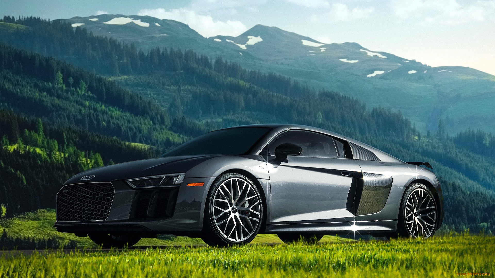 audi, r8, автомобили, audi, серебристый, горы, леса, луг
