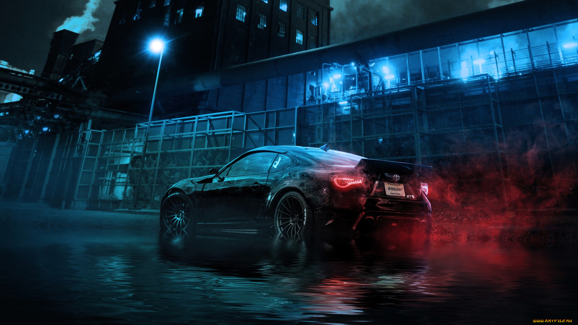 автомобили, toyota, тойота, черная, дым, лужи, здание, ночь