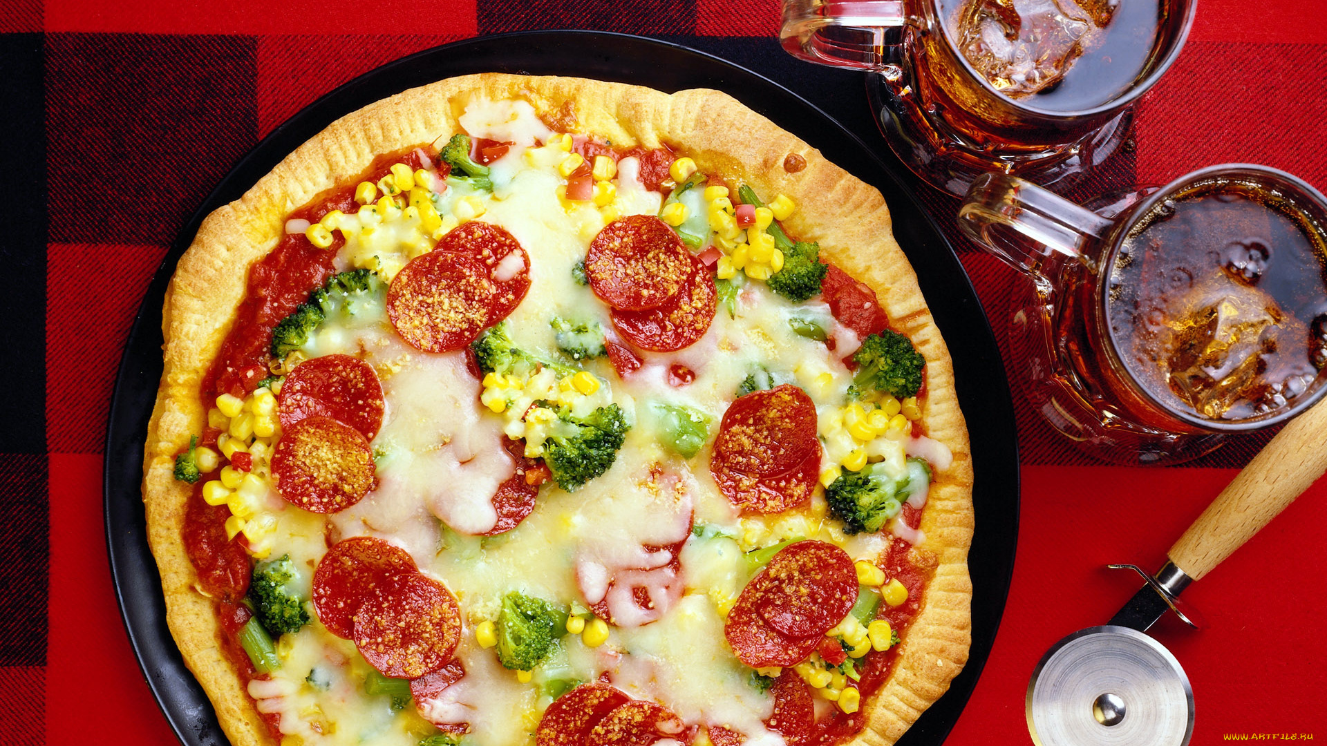 еда, пицца, кола, лед, брокколи, сыр