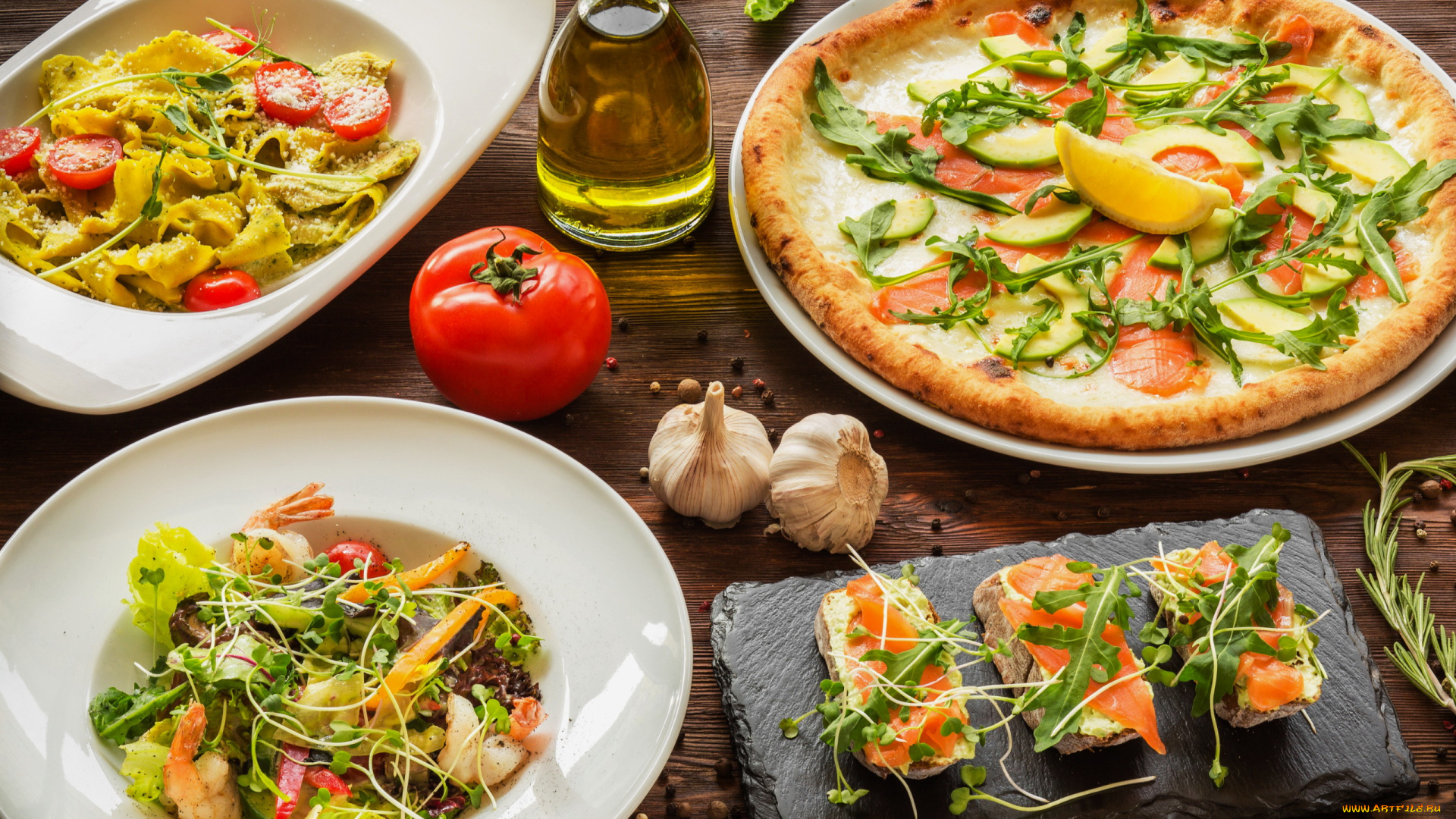 еда, разное, масло, пицца, салат, креветки, бутерброды