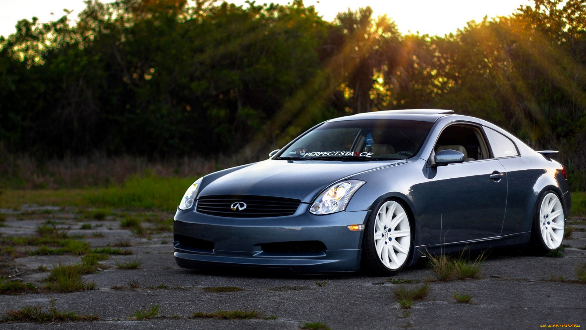 infiniti, g, автомобили, infiniti, синий, лучи, кусты, деревья, площадка