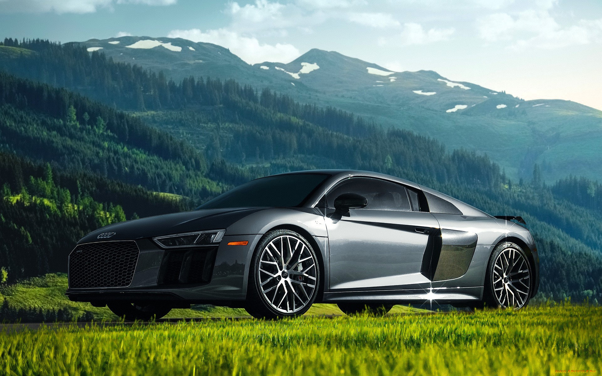 audi, r8, автомобили, audi, серебристый, горы, леса, луг