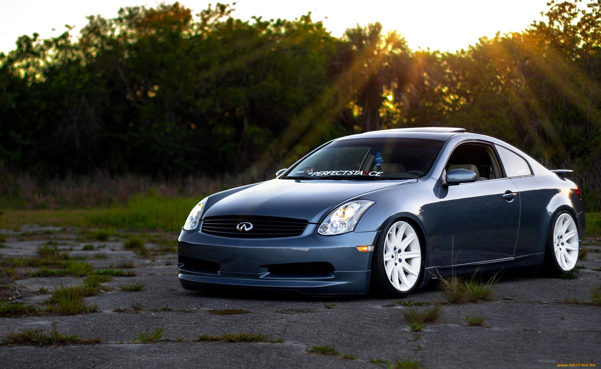 infiniti, g, автомобили, infiniti, синий, лучи, кусты, деревья, площадка