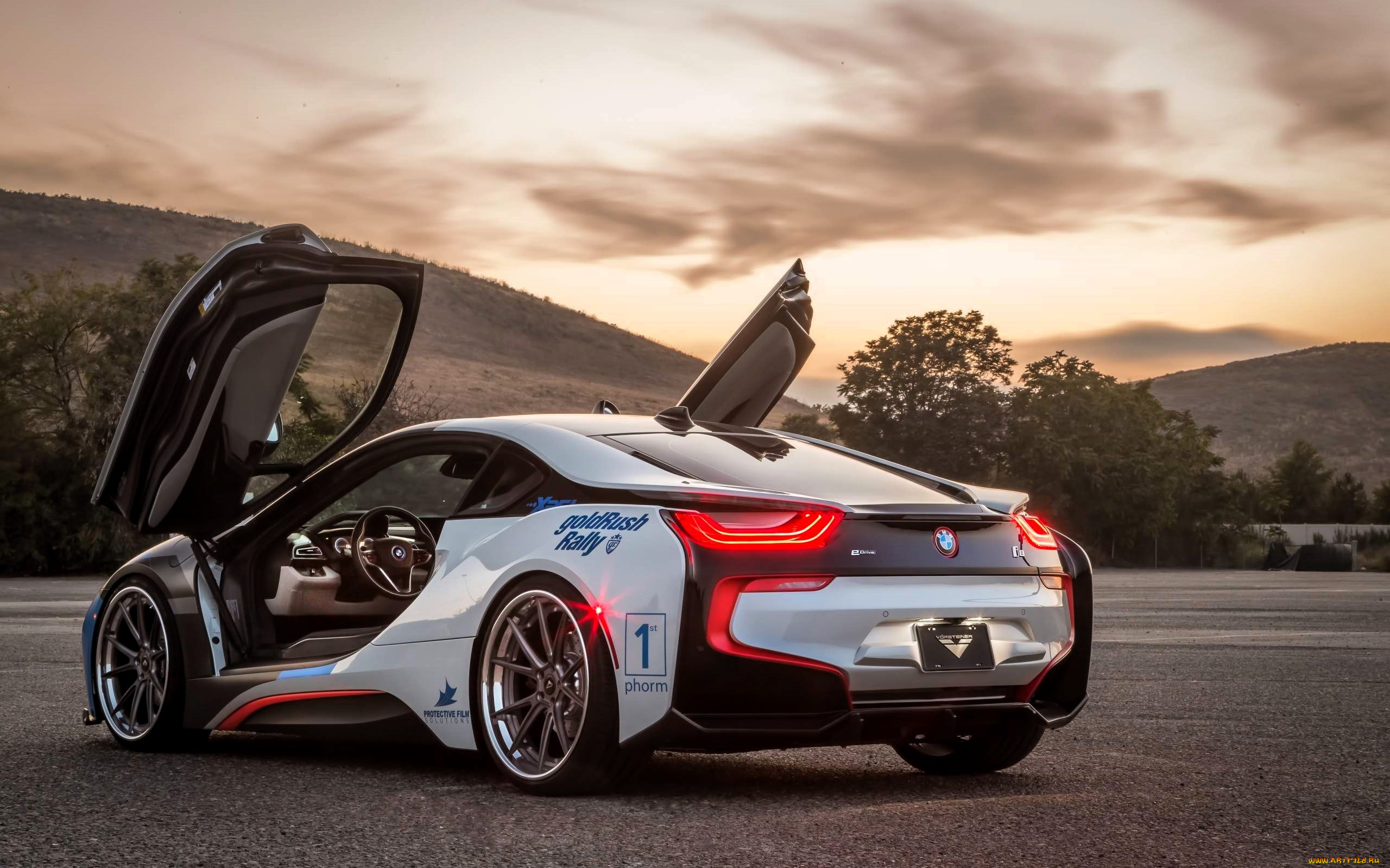 bmw, i8, автомобили, bmw, белый, горы, деревья, облака