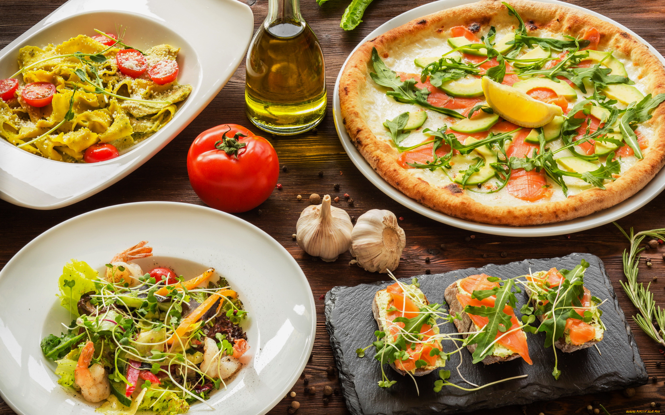 еда, разное, масло, пицца, салат, креветки, бутерброды