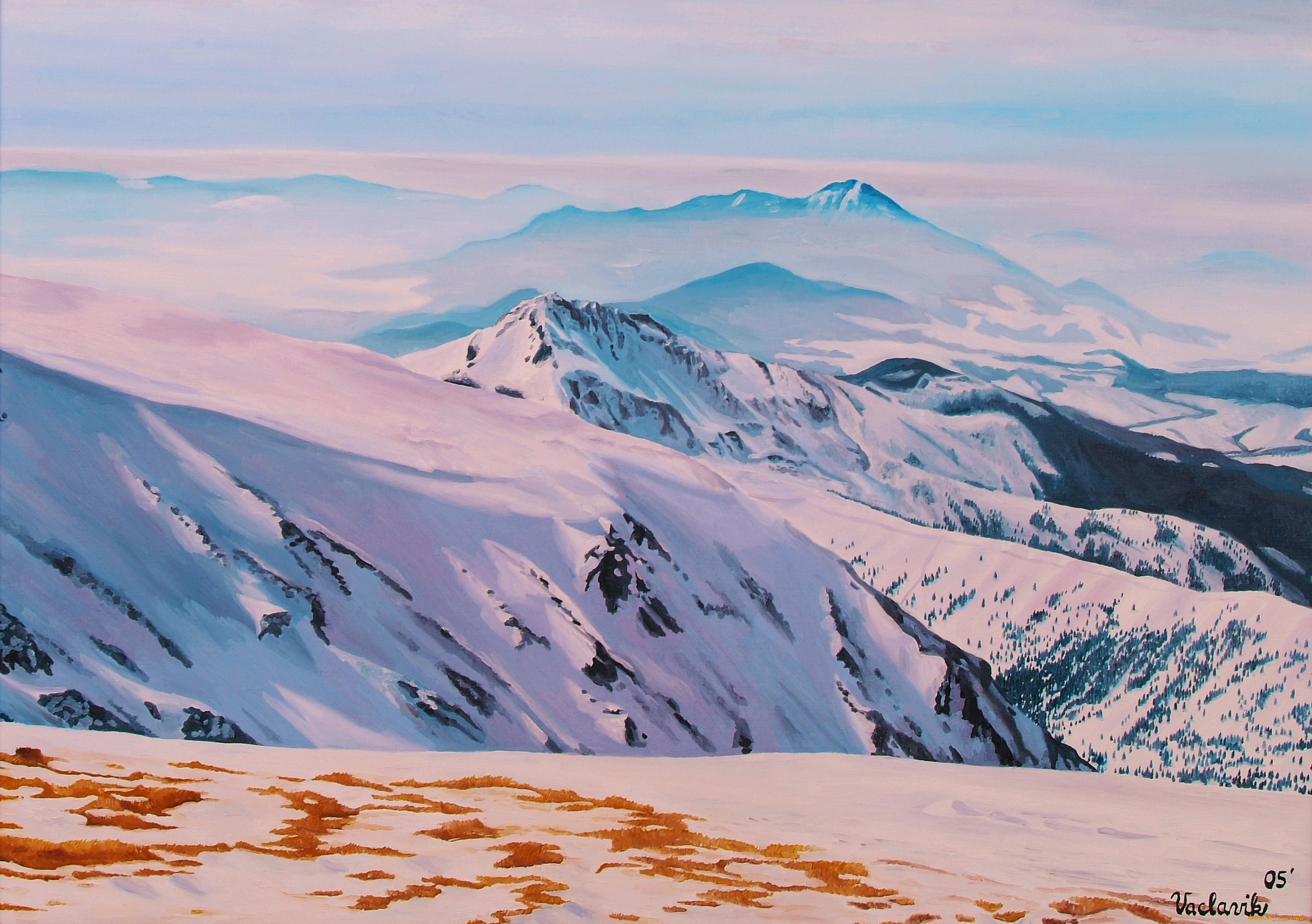 рисованные, природа, горы