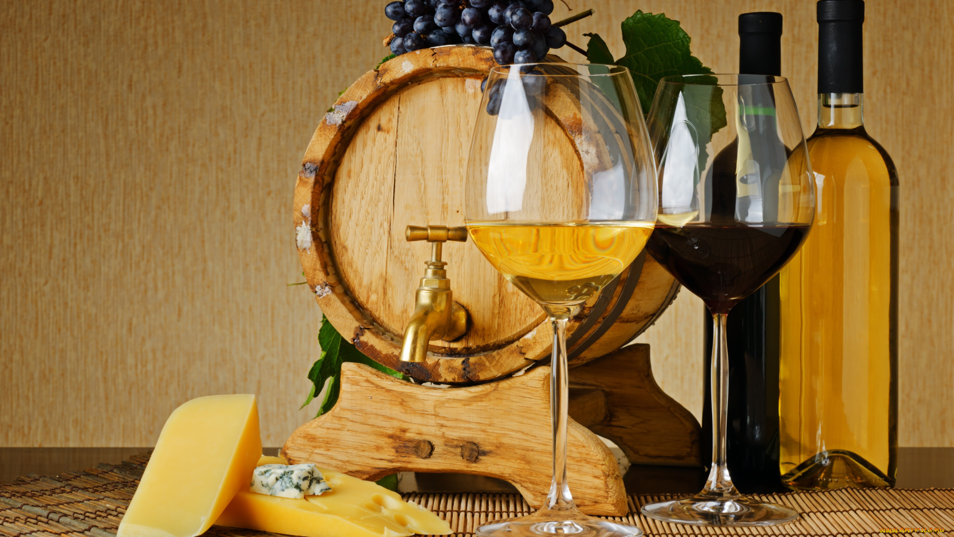 еда, напитки, вино, красное, белое, кран, сыр, виноград, бокалы, бутылки, бочонок