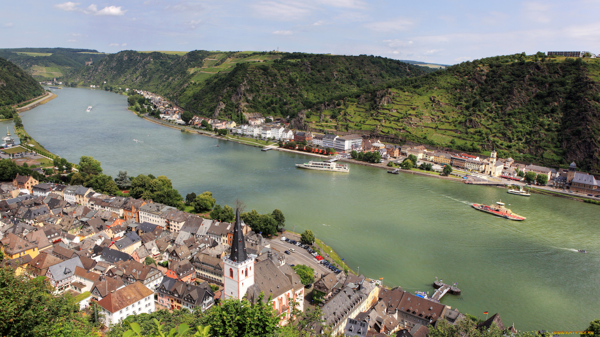 германия, санкт, гоар, города, панорамы, санкт-гоар, берег, река, суда, дома, склоны, гор