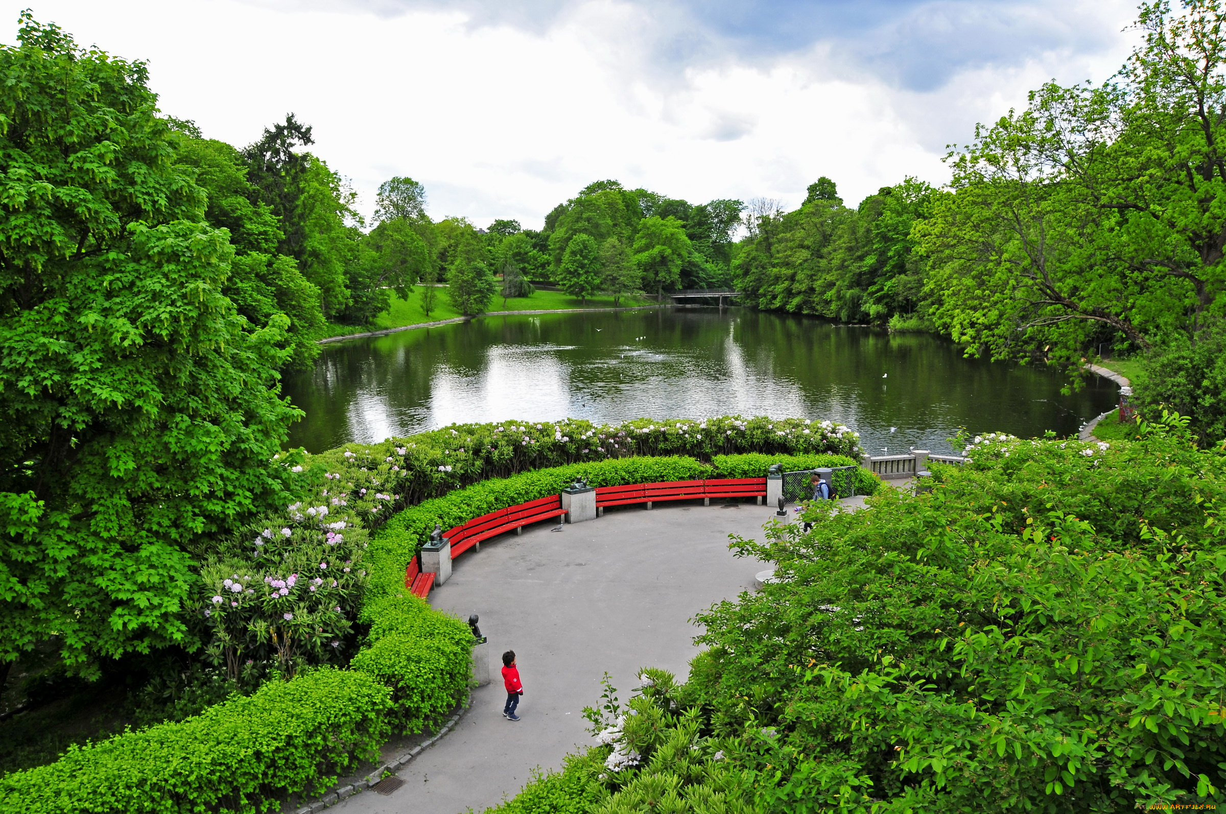 норвегия, осло, vigeland, park, природа, парк, водоем, дорожка, кусты, деревья