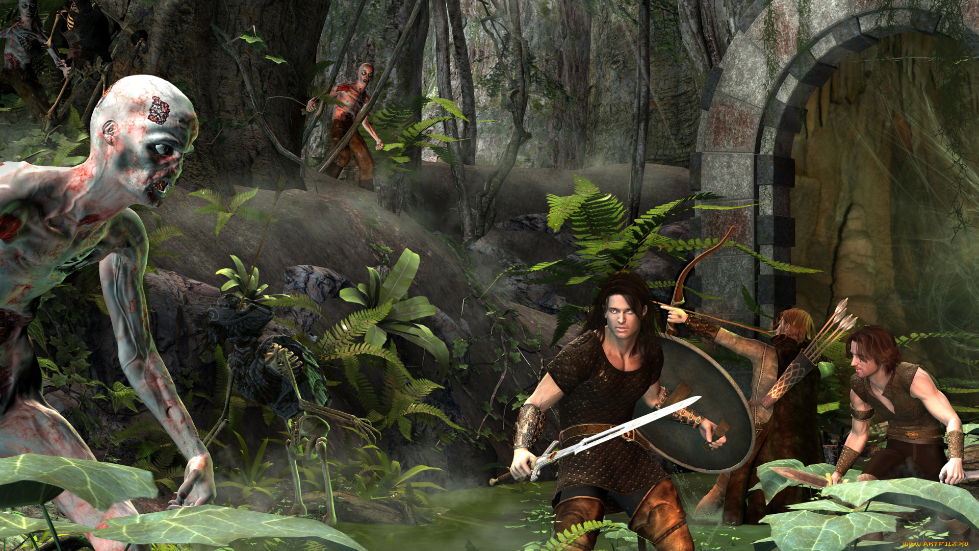 3д, графика, fantasy, фантазия, зомби, люди, лес