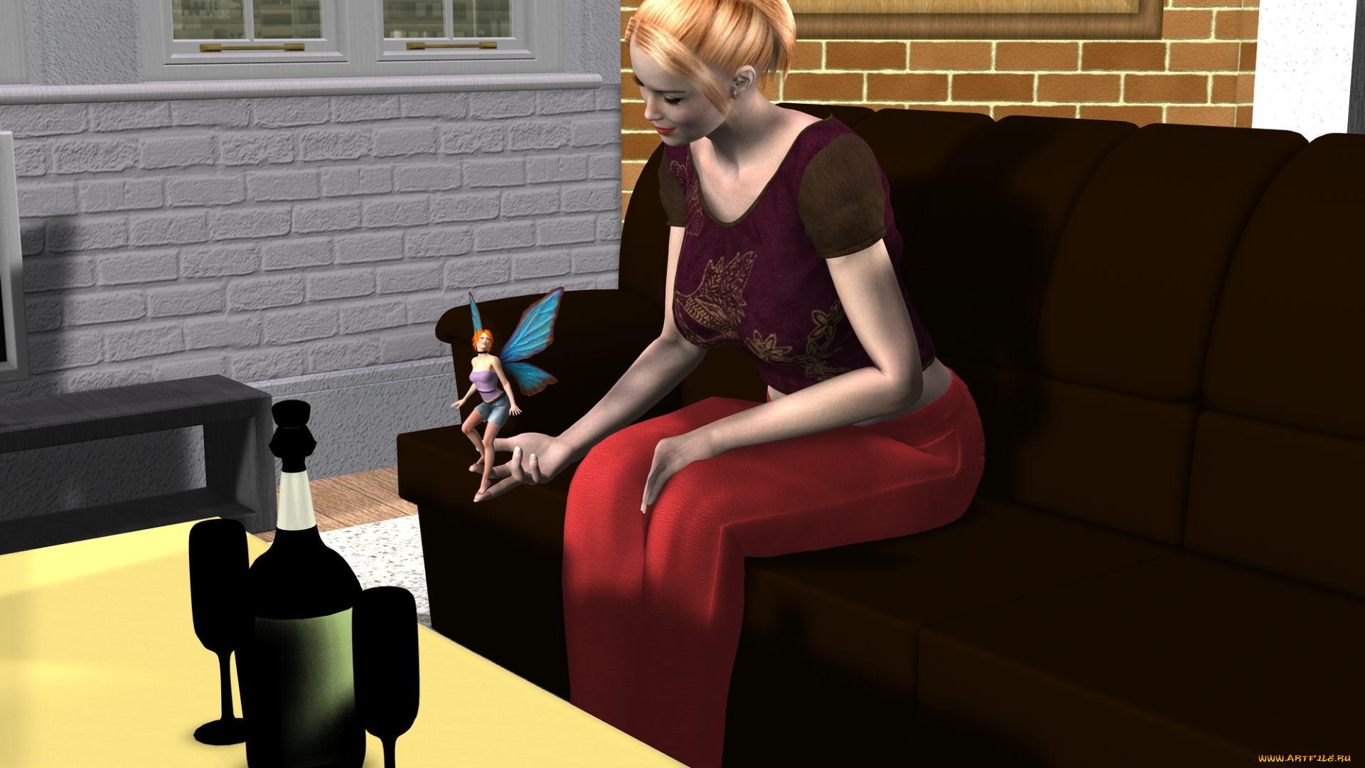 3д, графика, people, люди, телевизор, вино, девушка, стол, фея
