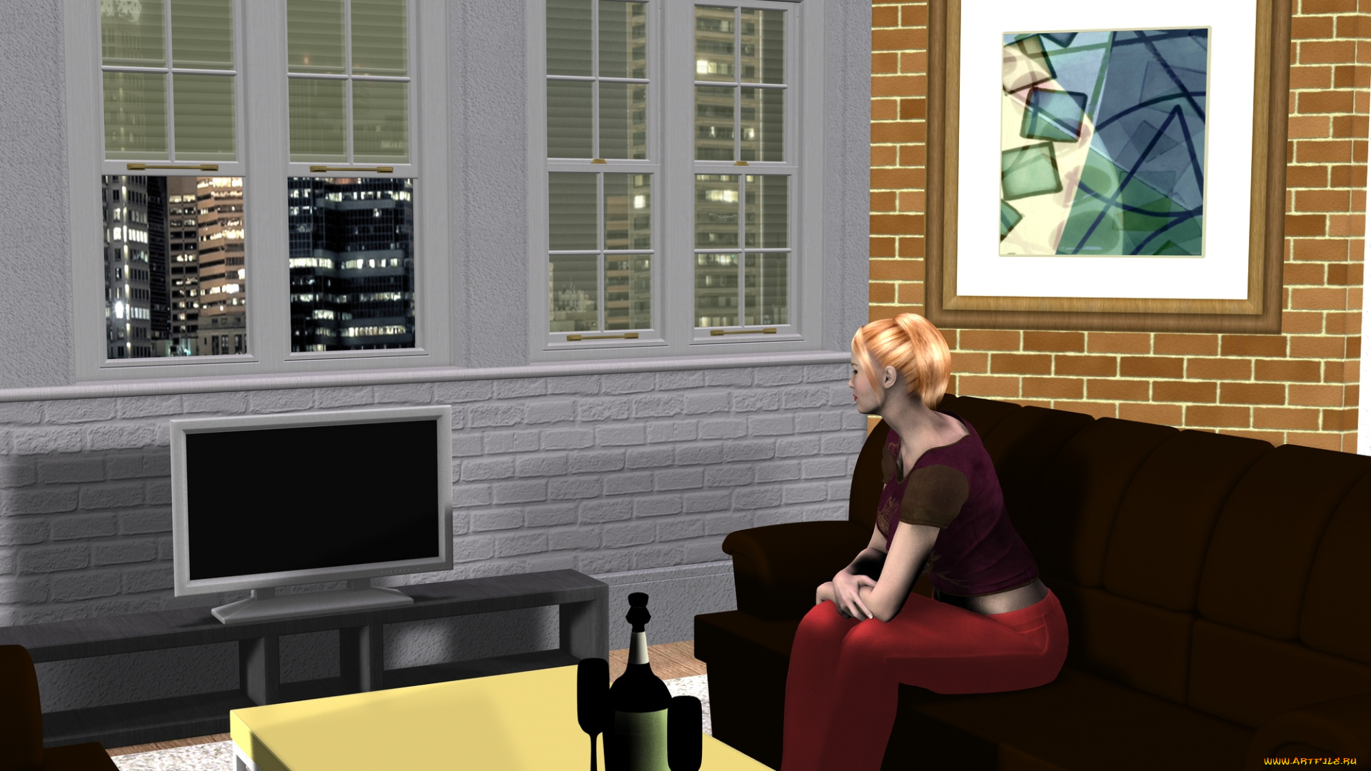 3д, графика, people, люди, телевизор, вино, стол, девушка