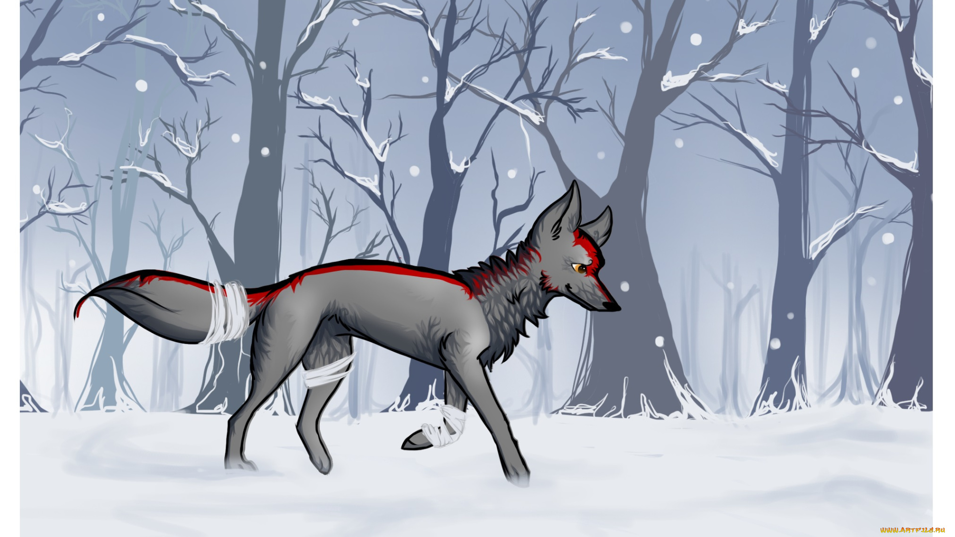 рисованные, животные, сказочные, мифические, лес, снег, собака