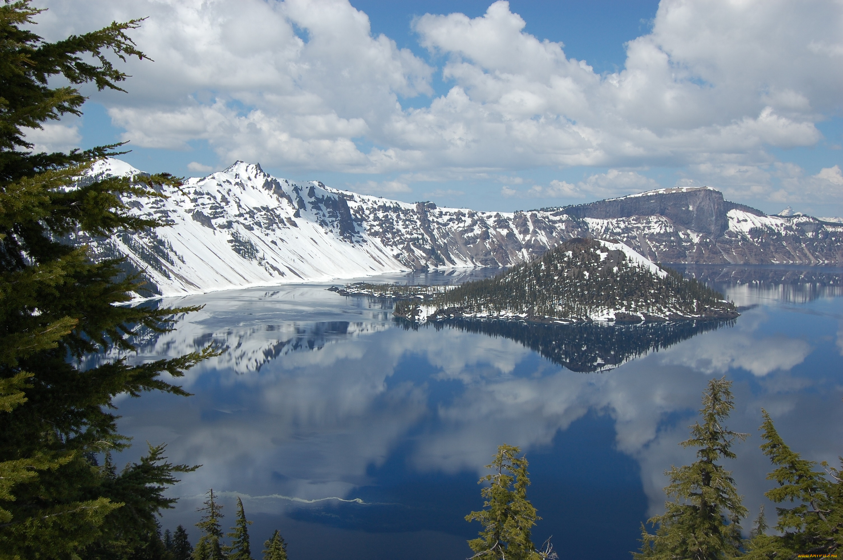 crater, lake, national, park, oregon, природа, реки, озера, озеро, крейтер, орегон, остров, отражение, ели