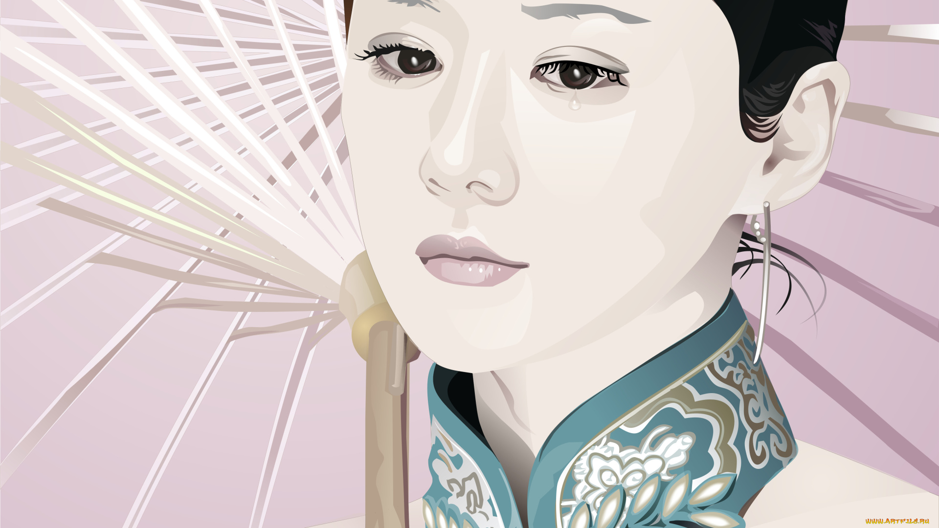 векторная, графика, девушки, девушка, взгляд, зонтик, азиатка