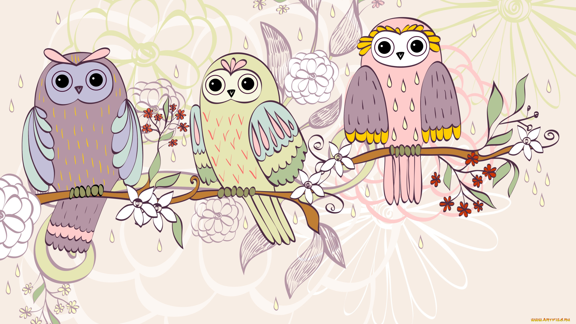 векторная, графика, птицы, цветы, совы, ветка