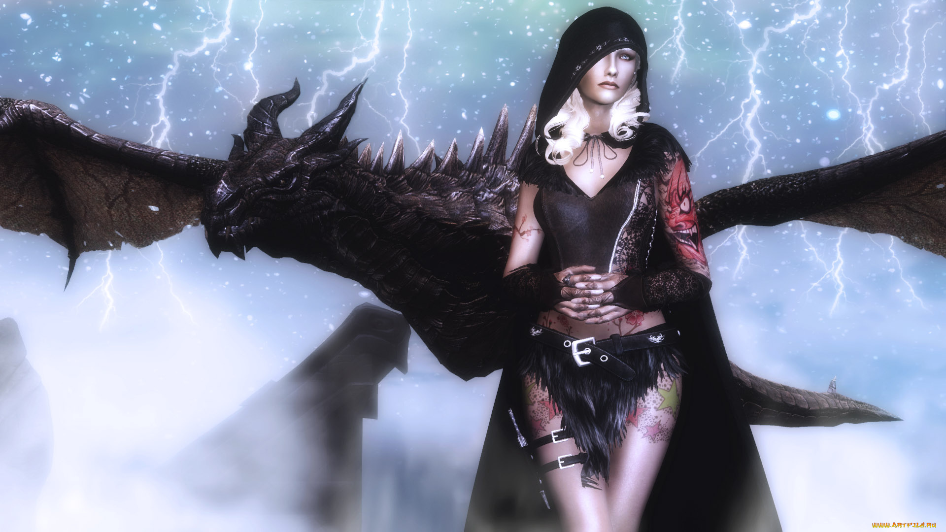 3д, графика, фантазия, , fantasy, дракон, взгляд, фон, девушка