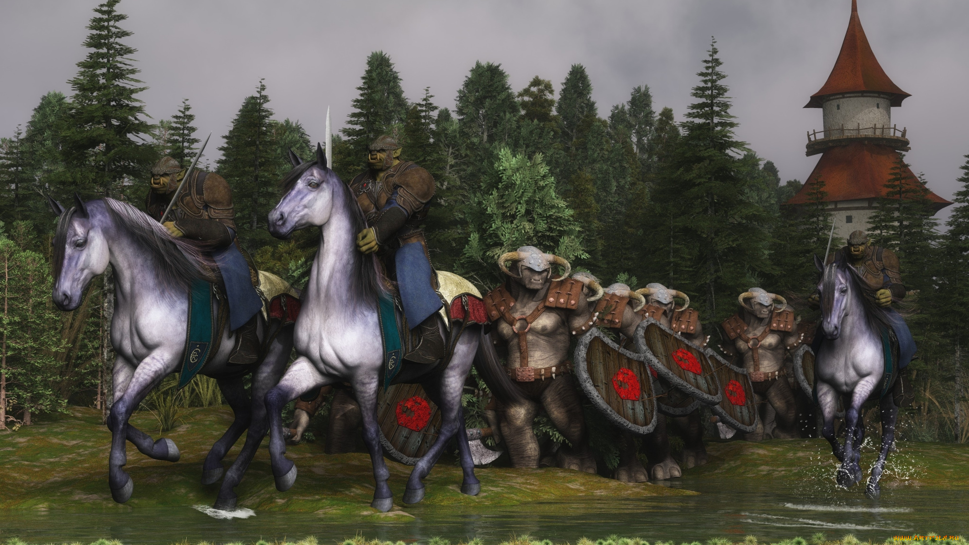 3д, графика, фантазия, , fantasy, лес, лошади, орки, патруль, река, замок