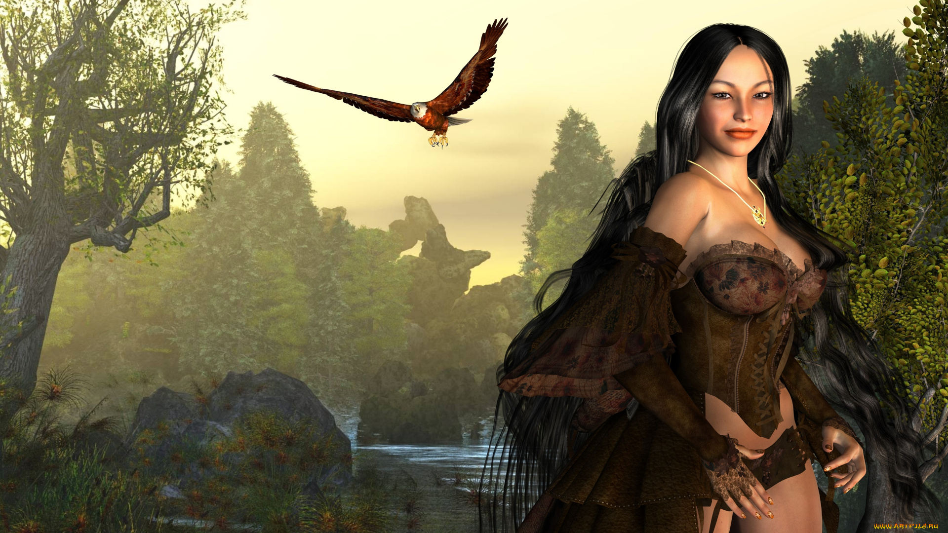 3д, графика, люди, , people, фон, взгляд, птица, девушка