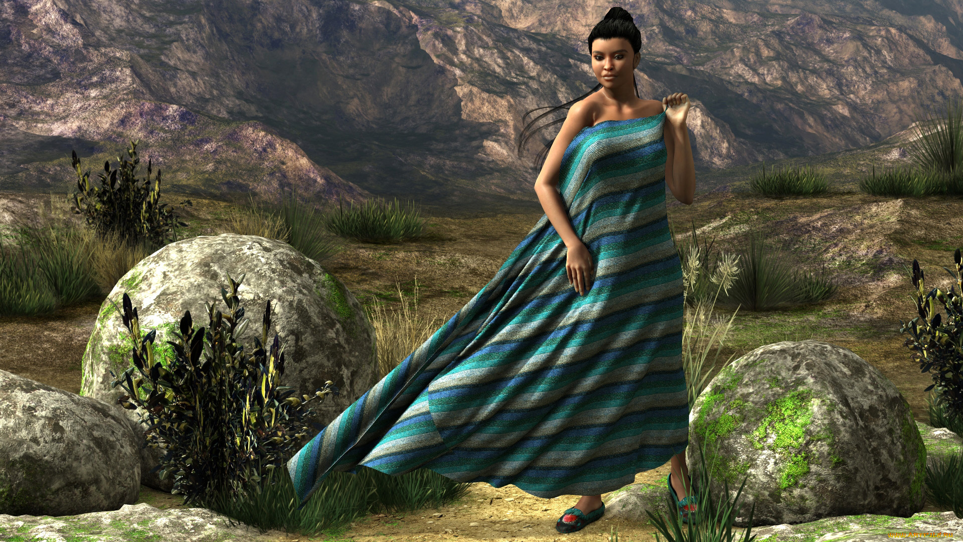 3д, графика, люди, , people, камни, фон, взгляд, девушка, горы