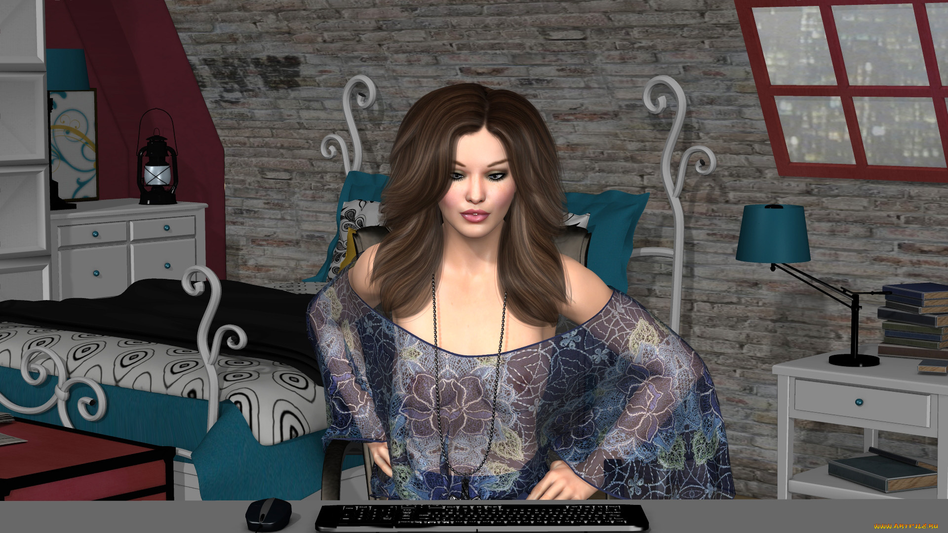 3д, графика, люди, , people, окно, кровать, компьютер, фон, комната, интерьер, взгляд, девушка, светильник, стол