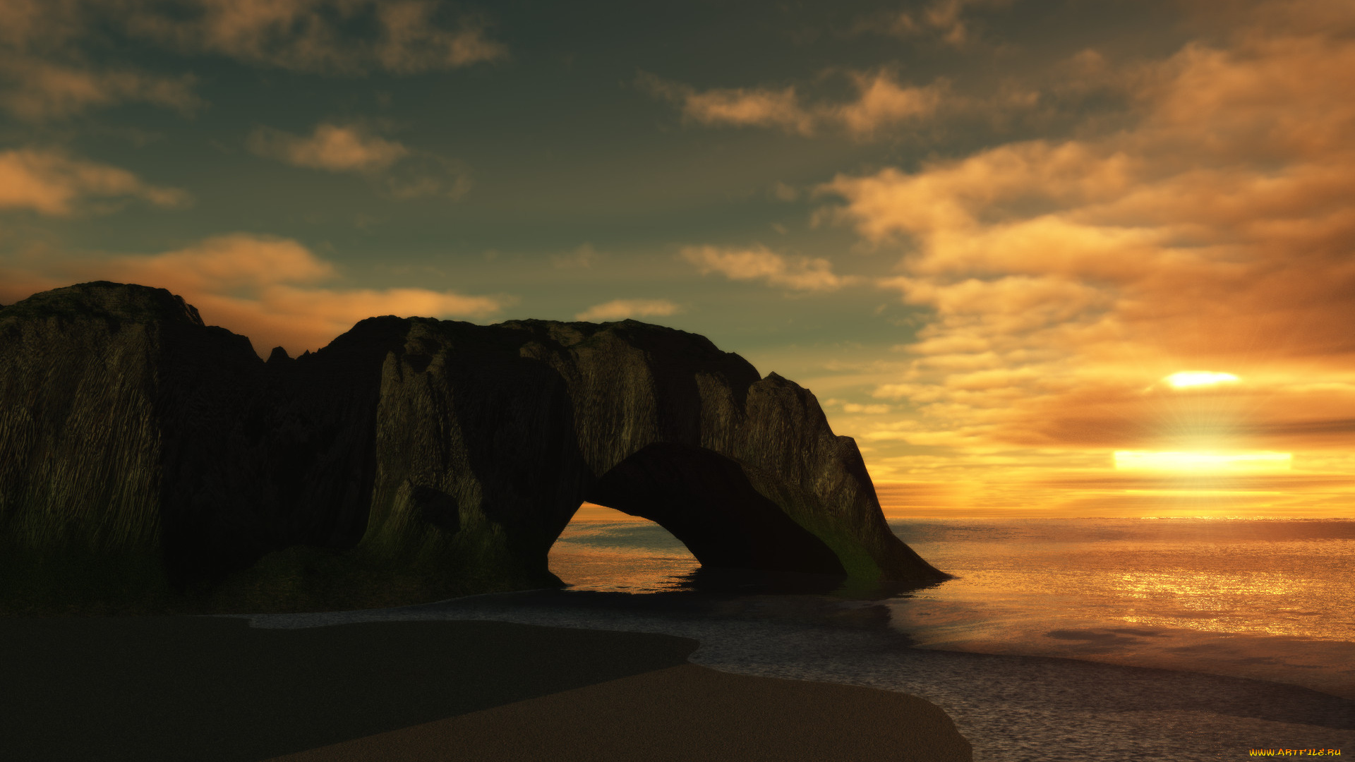 3д, графика, природа, , nature, облака, закат, скала, пляж, море
