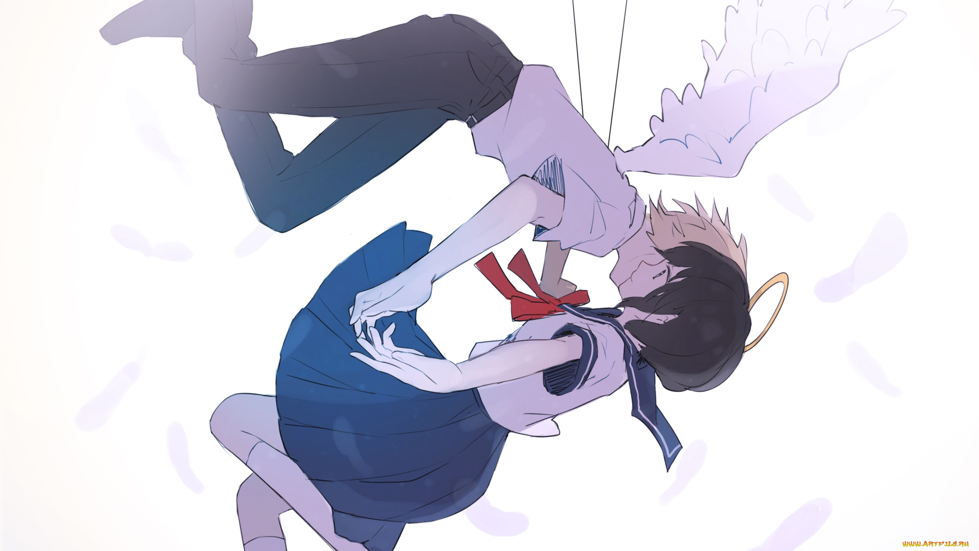 аниме, ангелы, , демоны, ангел, школьница, нимб, арт, gomi, chiri, девушка, парень, падение, стрелы, перья, крылья