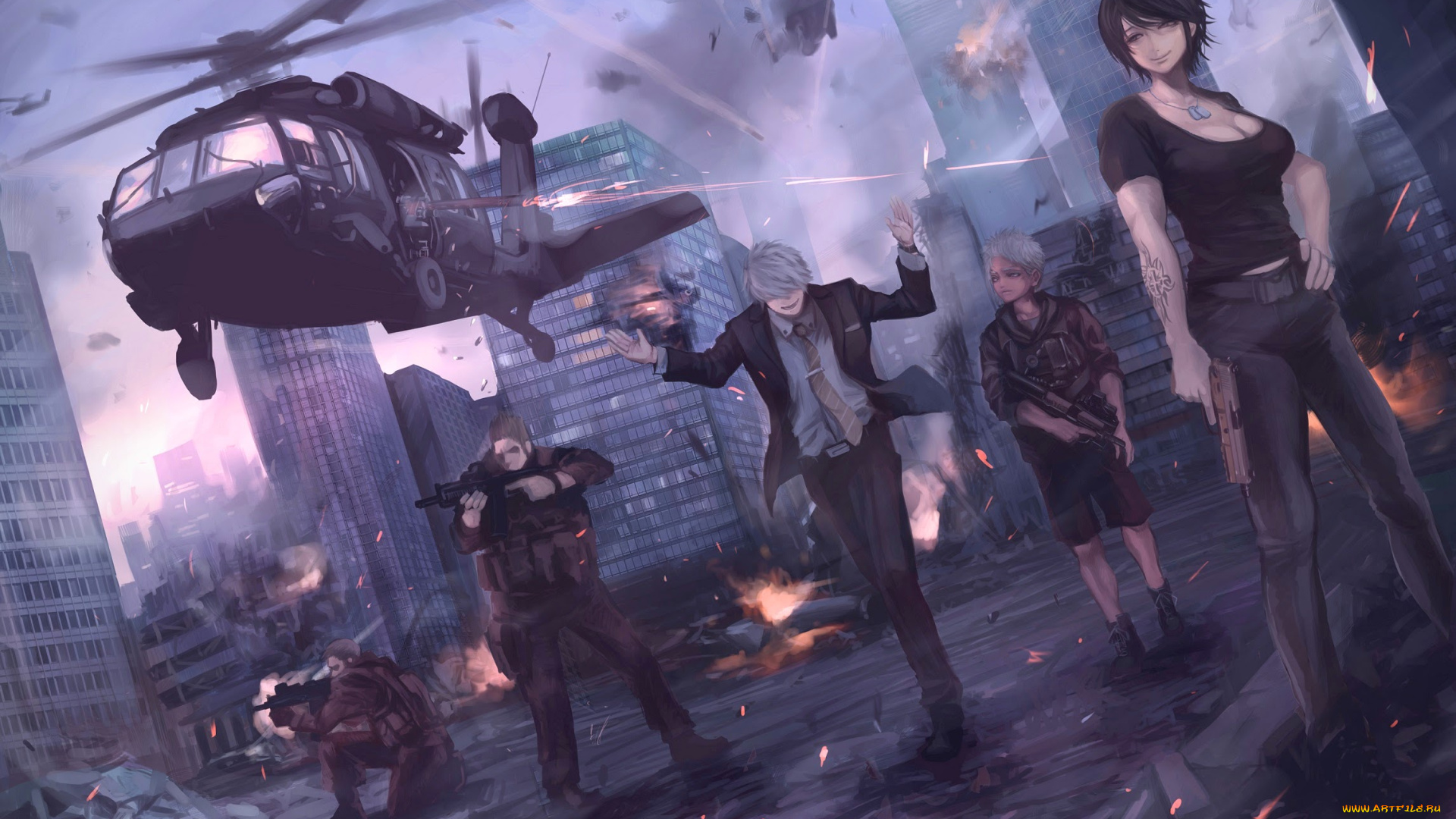 аниме, jormungand, вертолёт, город, парни, девушка, арт, johnathan, mar, kasper, hekmatyar, terabyte, rook777, chequita