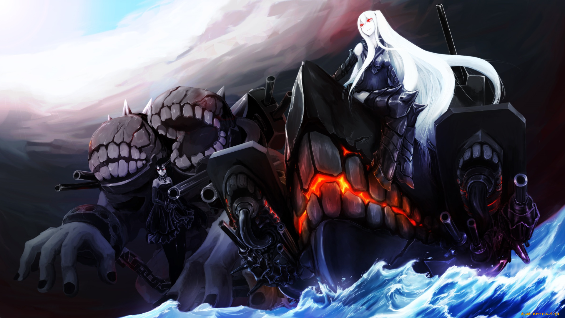 аниме, kantai, collection, battleship, water, oni, волны, зубы, aircraft, carrier, hime, kantai, collection, монстр, девушка, арт, umino, море, вода