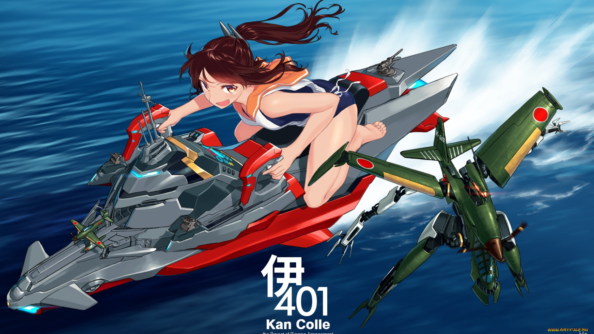 аниме, kantai, collection, kantai, collection, i-401, kancolle, арт, море, робот, девушка, blew, and, white