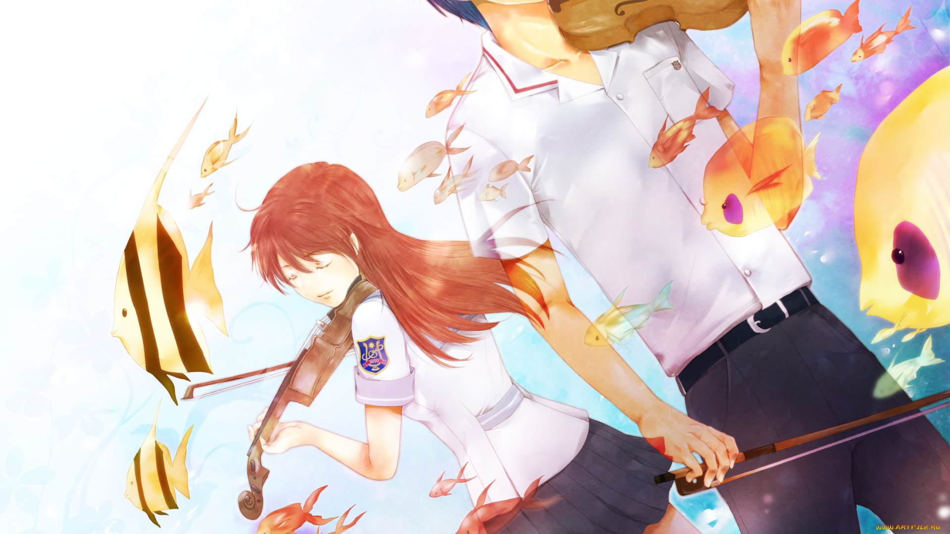 аниме, музыка, арт, la, corda, d'oro, primo, passo, hino, kahoko, tsukimori, len, девушка, парень, двое, скрипка, инструмент, рыбки