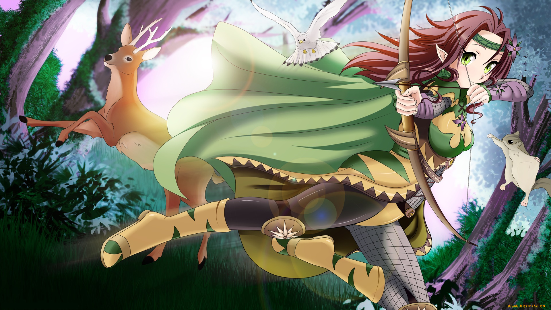 аниме, оружие, , техника, , технологии, лес, олень, лук, фон, взгляд, девушка