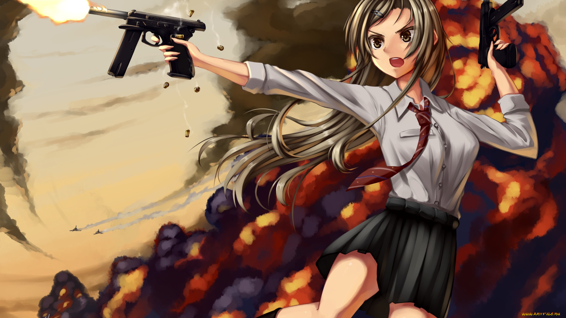 аниме, оружие, , техника, , технологии, огонь, арт, девушка, dreadtie, пистолет