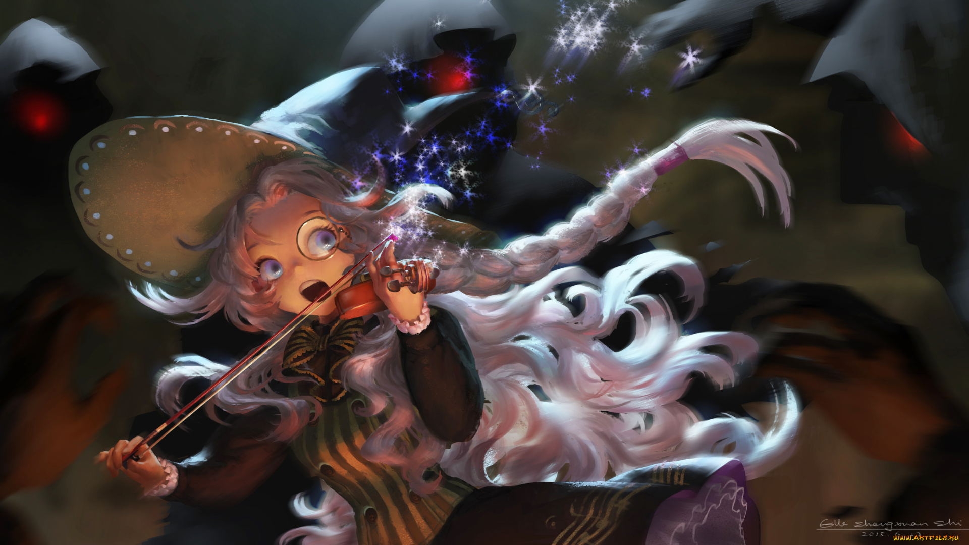 аниме, pixiv, fantasia, косы, шляпа, девочка, скрипка, искры, арт, lost, elle, pixiv, fantasia