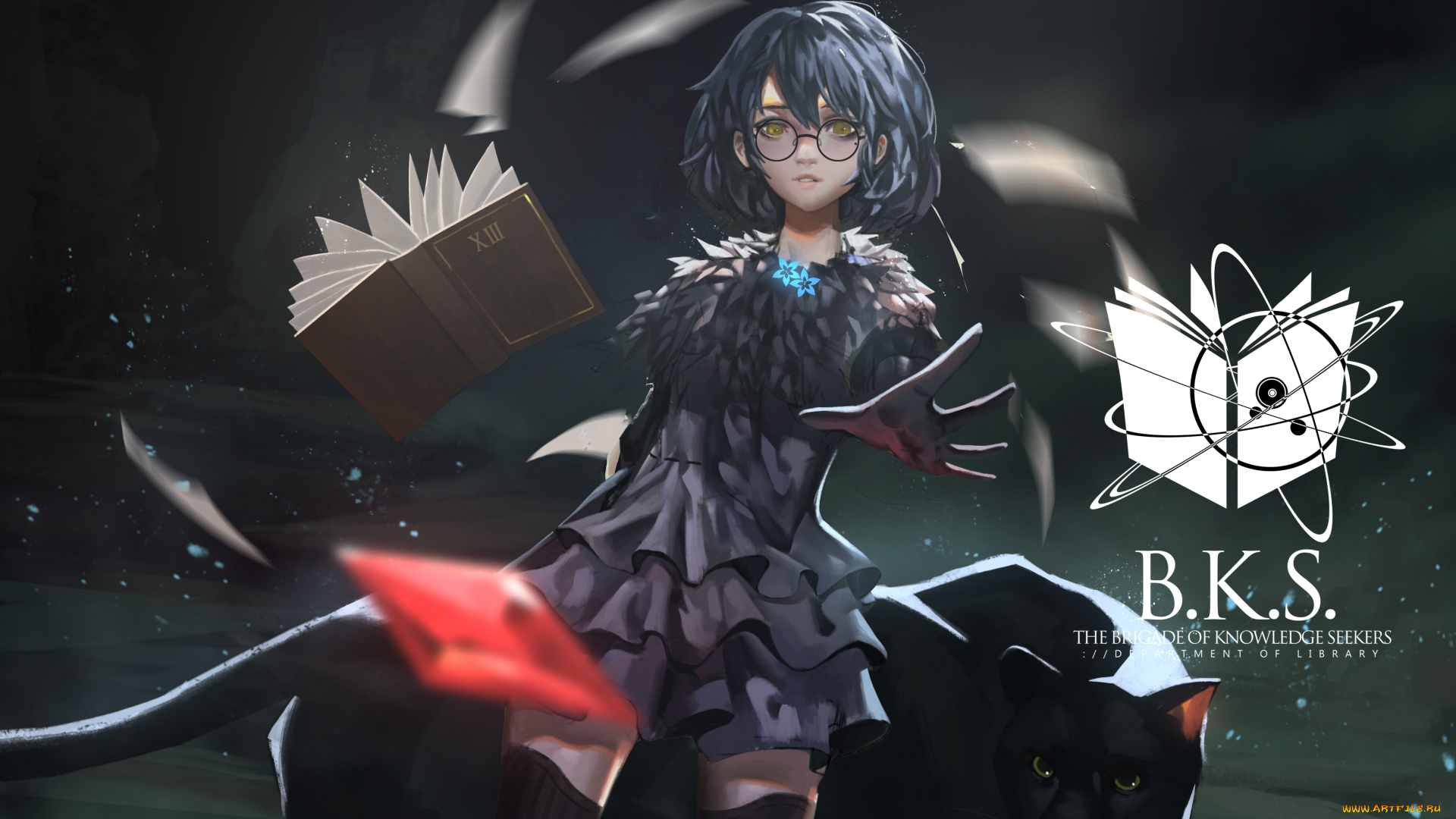 аниме, pixiv, fantasia, магия, книга, девушка, листы, арт, юбка, baka, mh6516620, пантера, pixiv, fantasia