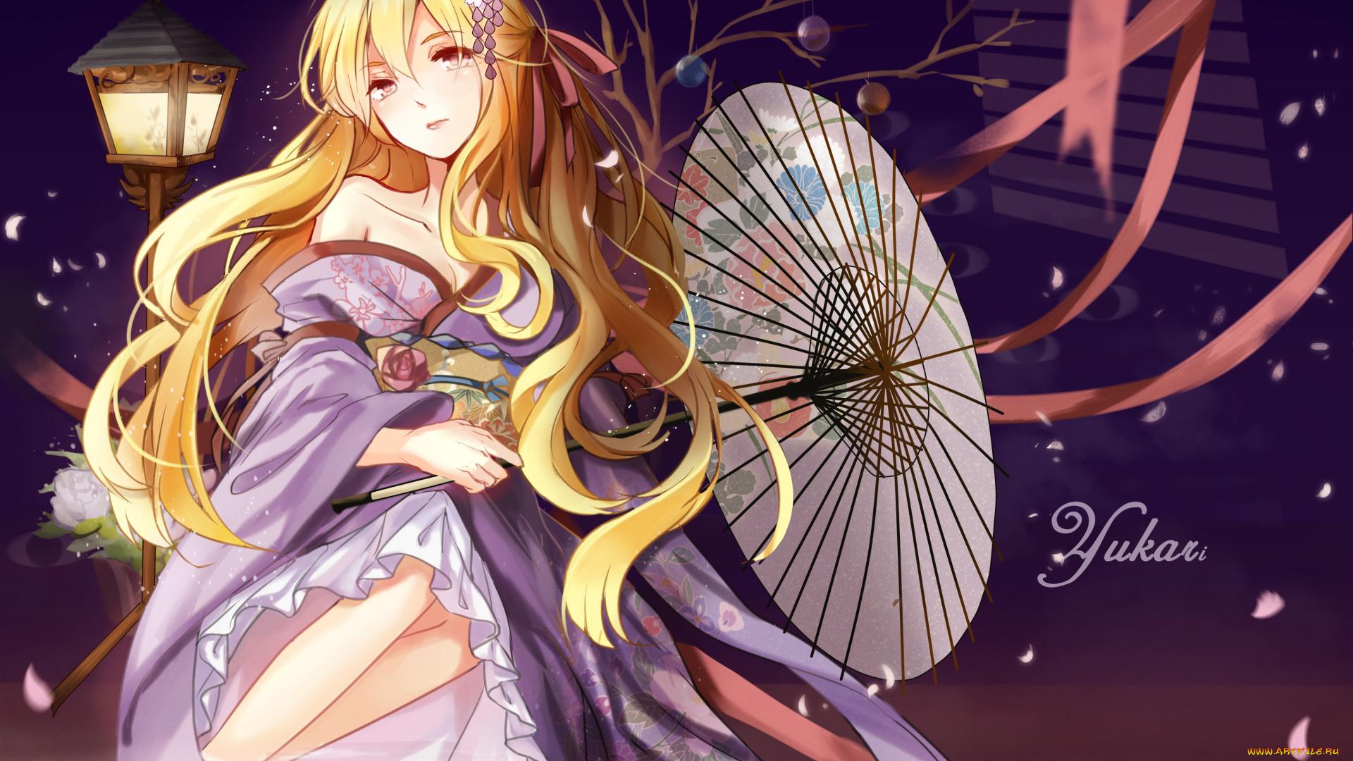 аниме, touhou, девушка, зонт, лепестки, арт, фонарь, ночь, elise, piclic, yakumo, yukari