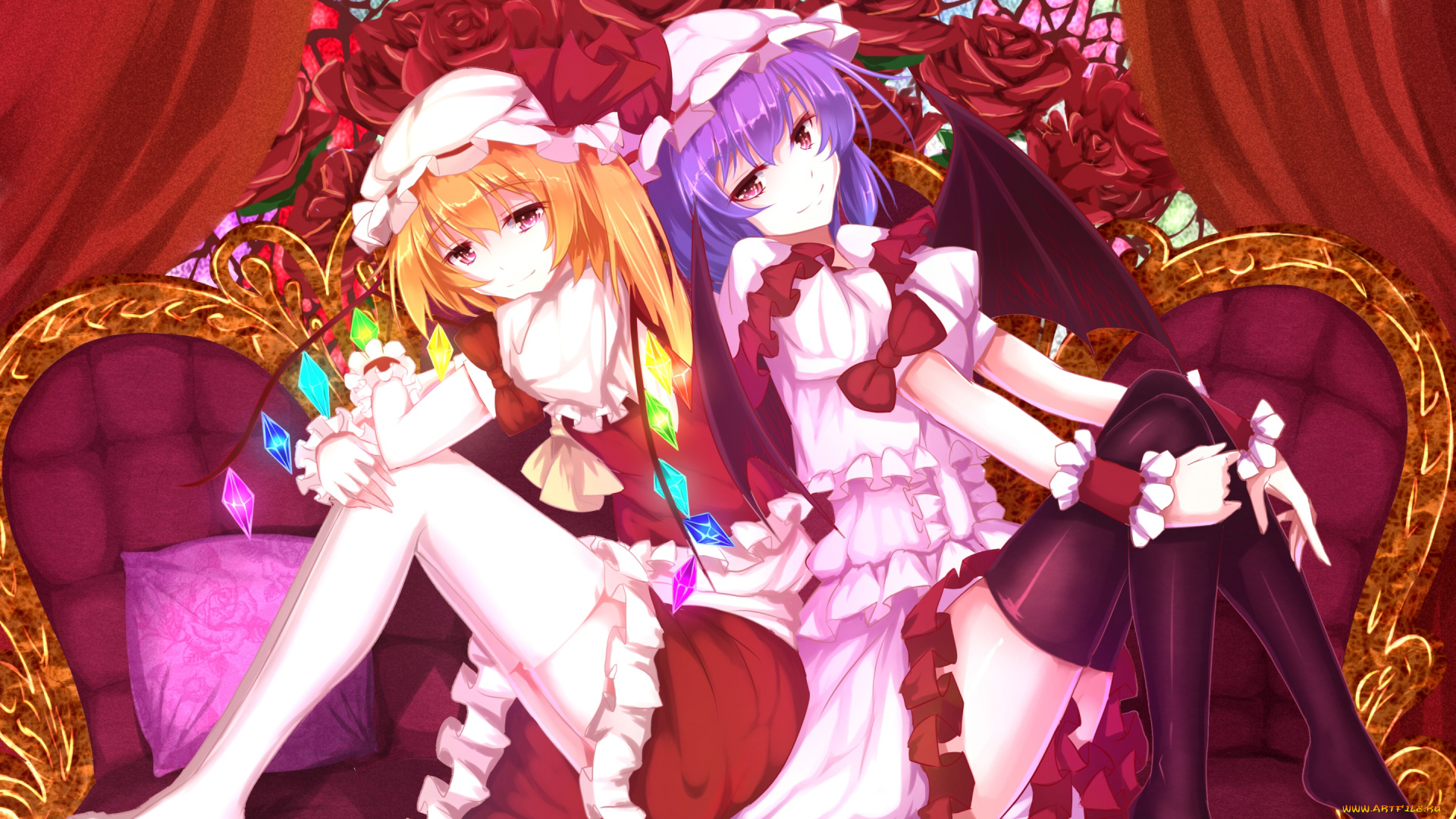 аниме, touhou, flandre, scarlet, софа, красные, розы, девушки, арт, bakanoe, remilia, цветы