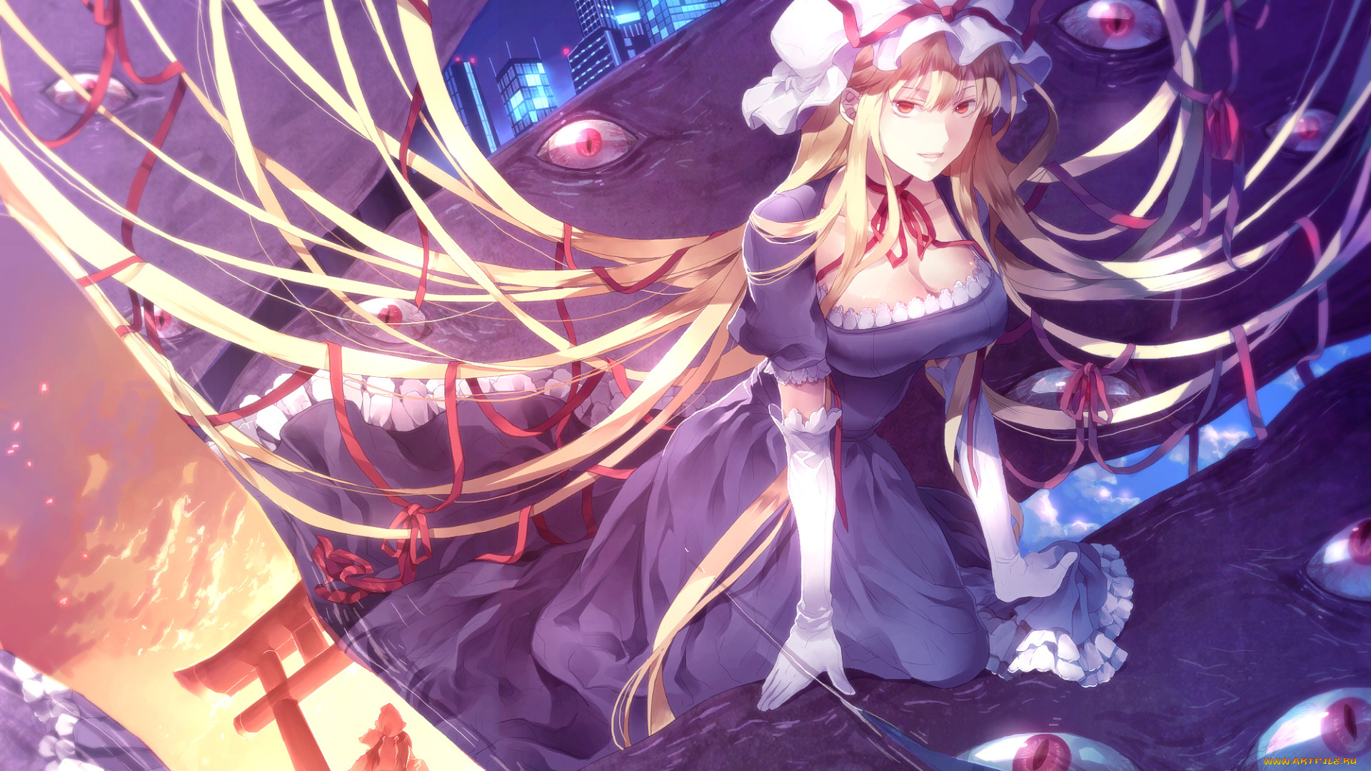 аниме, touhou, hakurei, reimu, yakumo, yukari, город, волосы, лента, глаза, sunakumo, арт, девушка