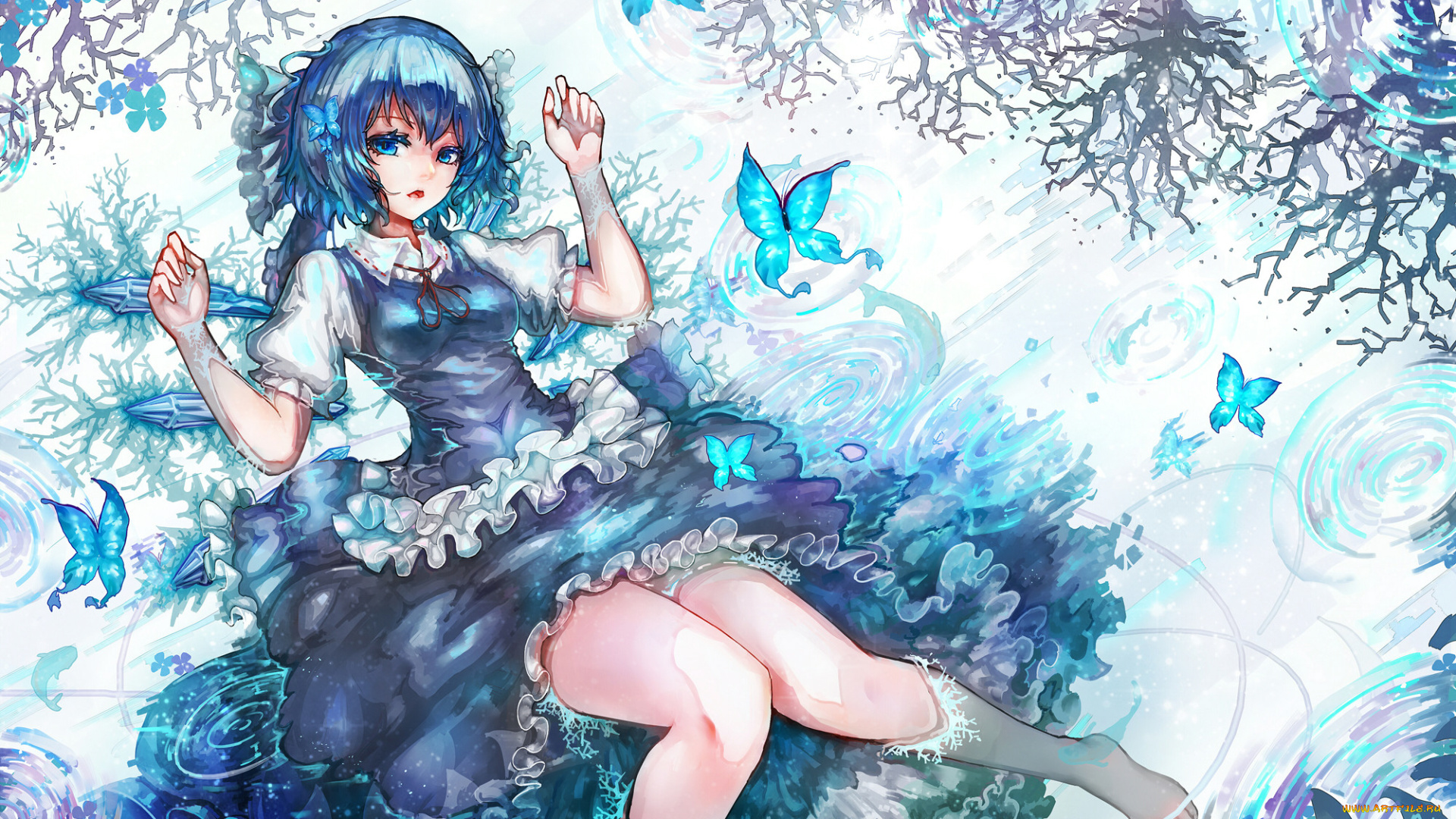 аниме, touhou, вода, девушка, арт, kiyomasa, ren, cirno, платье, бабочки