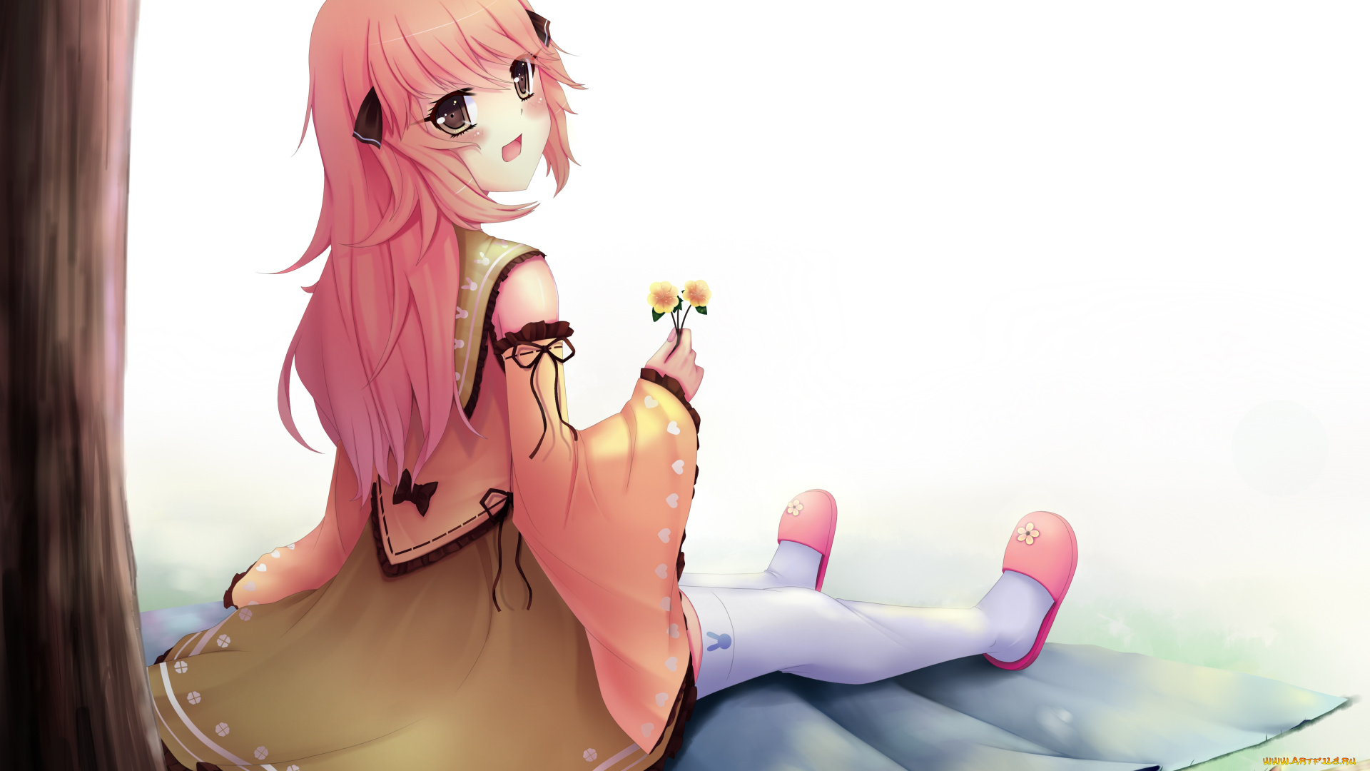 аниме, unknown, , другое, арт, sonic0-0, девушка, цветы, дерево, яблоки