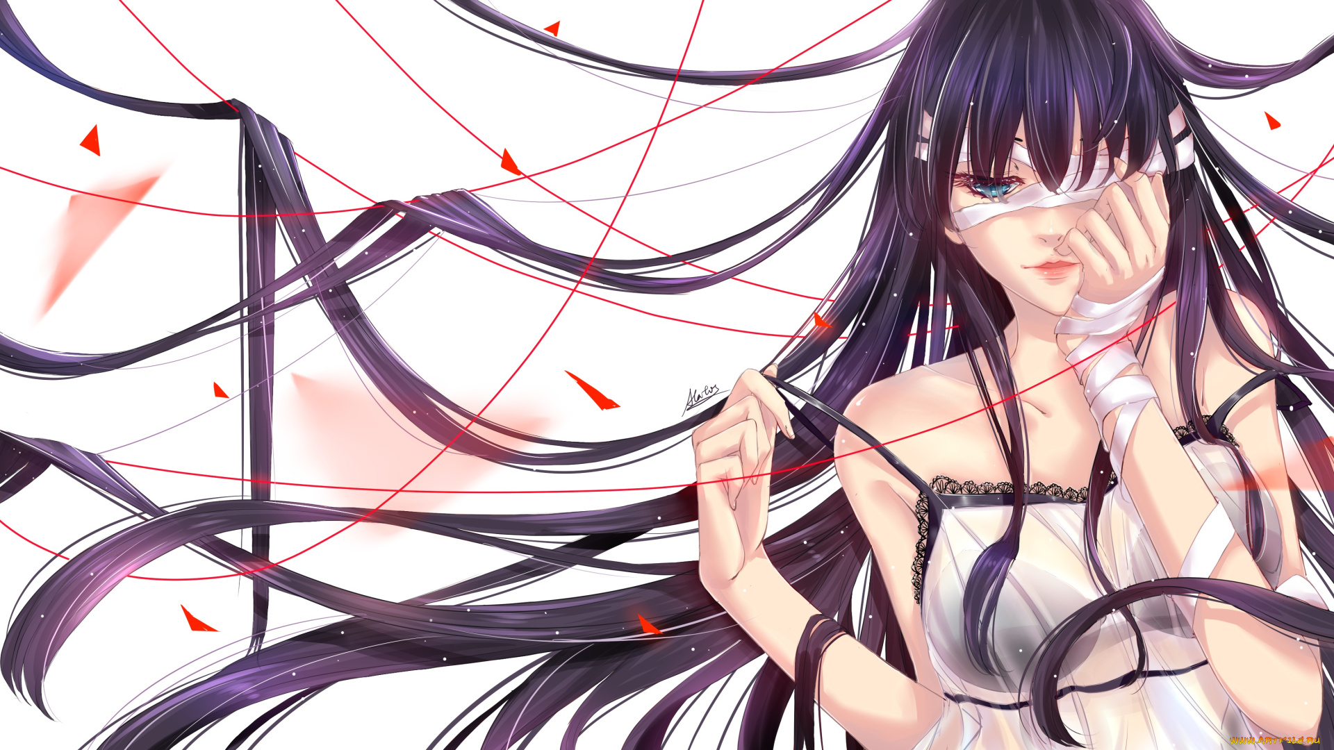 аниме, unknown, , другое, atatos, арт, девушка, красная, нить, волосы