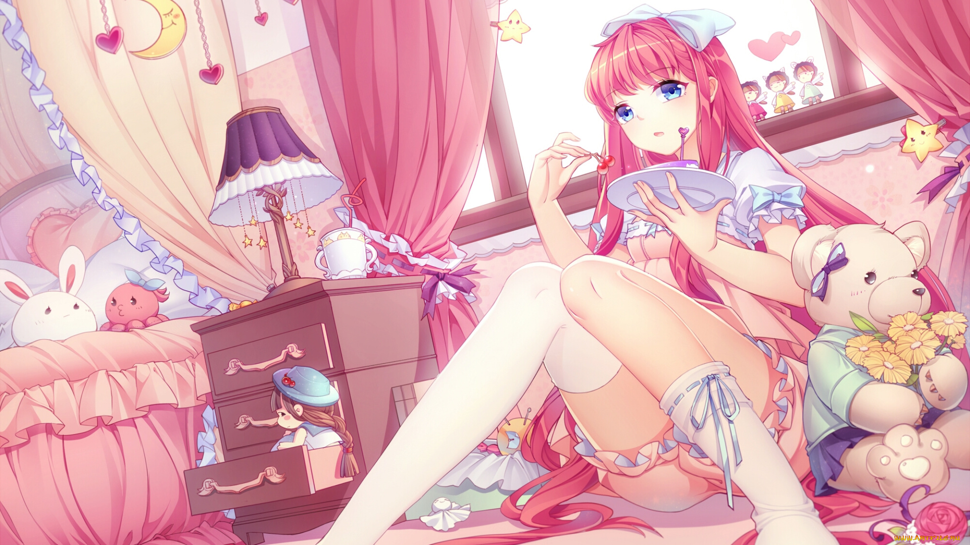 аниме, unknown, , другое, цветы, занавески, девушка, вишни, арт, shirajira, shubaibai, игрушки, медведь, окно, комната