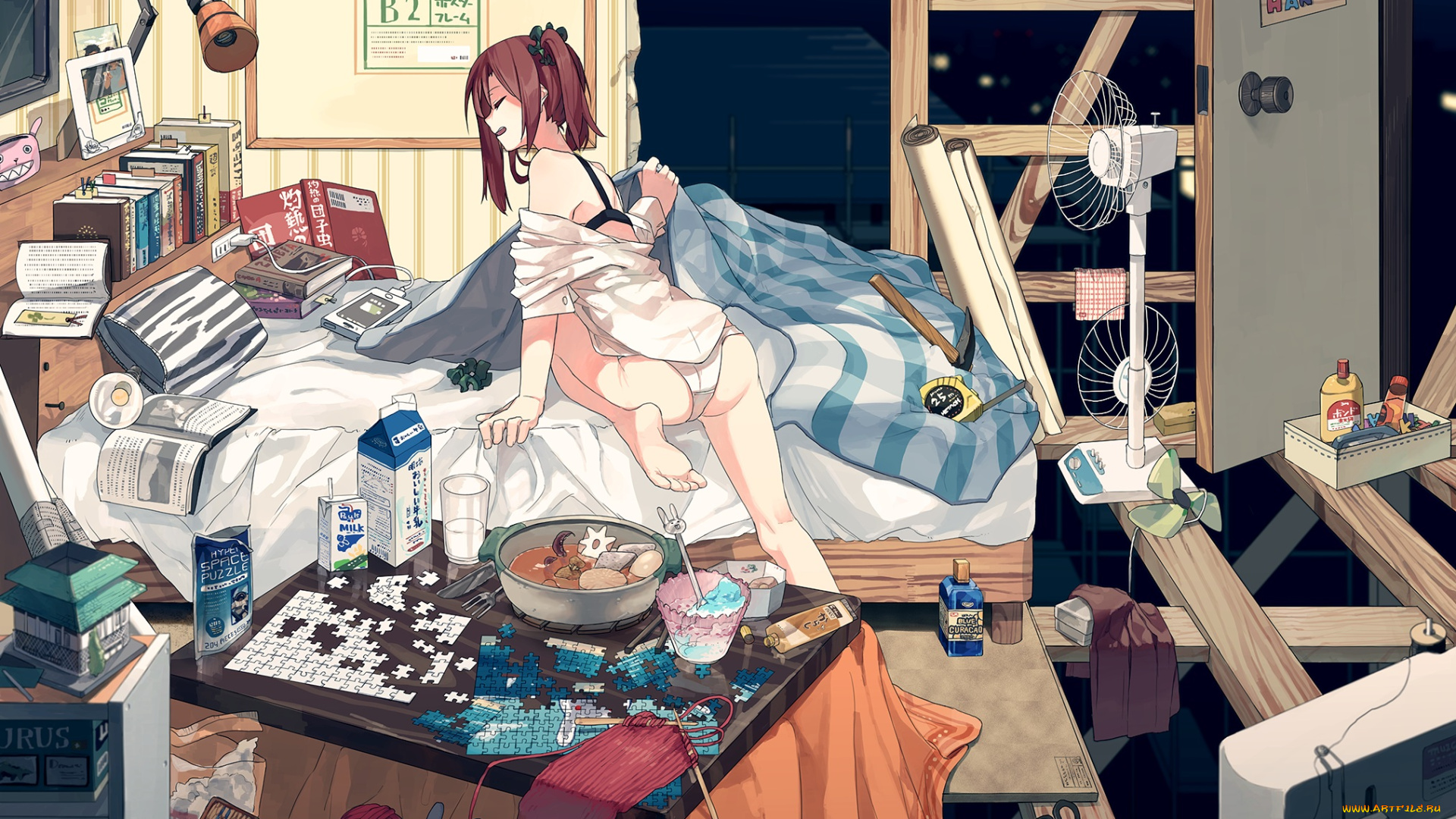 аниме, unknown, , другое, еда, вентилятор, комната, девушка, пазлы, постель, арт, hitomai