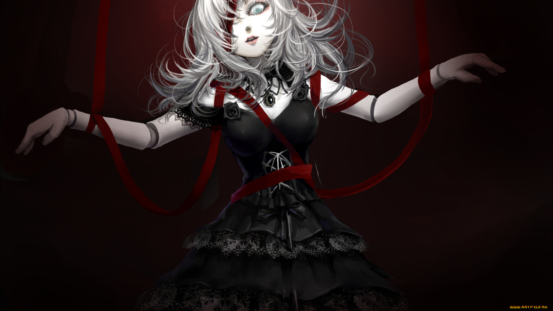 аниме, unknown, , другое, кукла, красная, лента, корона, платье, взгляд, арт, aoiakamaou, девушка