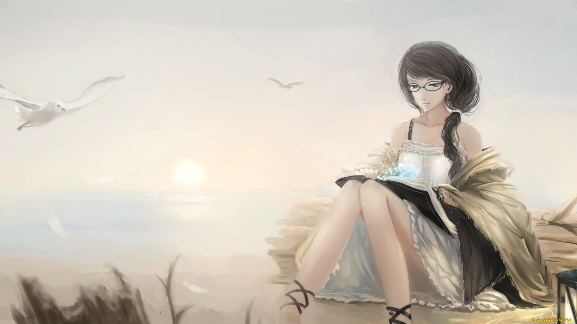 аниме, unknown, , другое, перо, альбом, птица, чайка, сидит, девушка, арт, kikivi