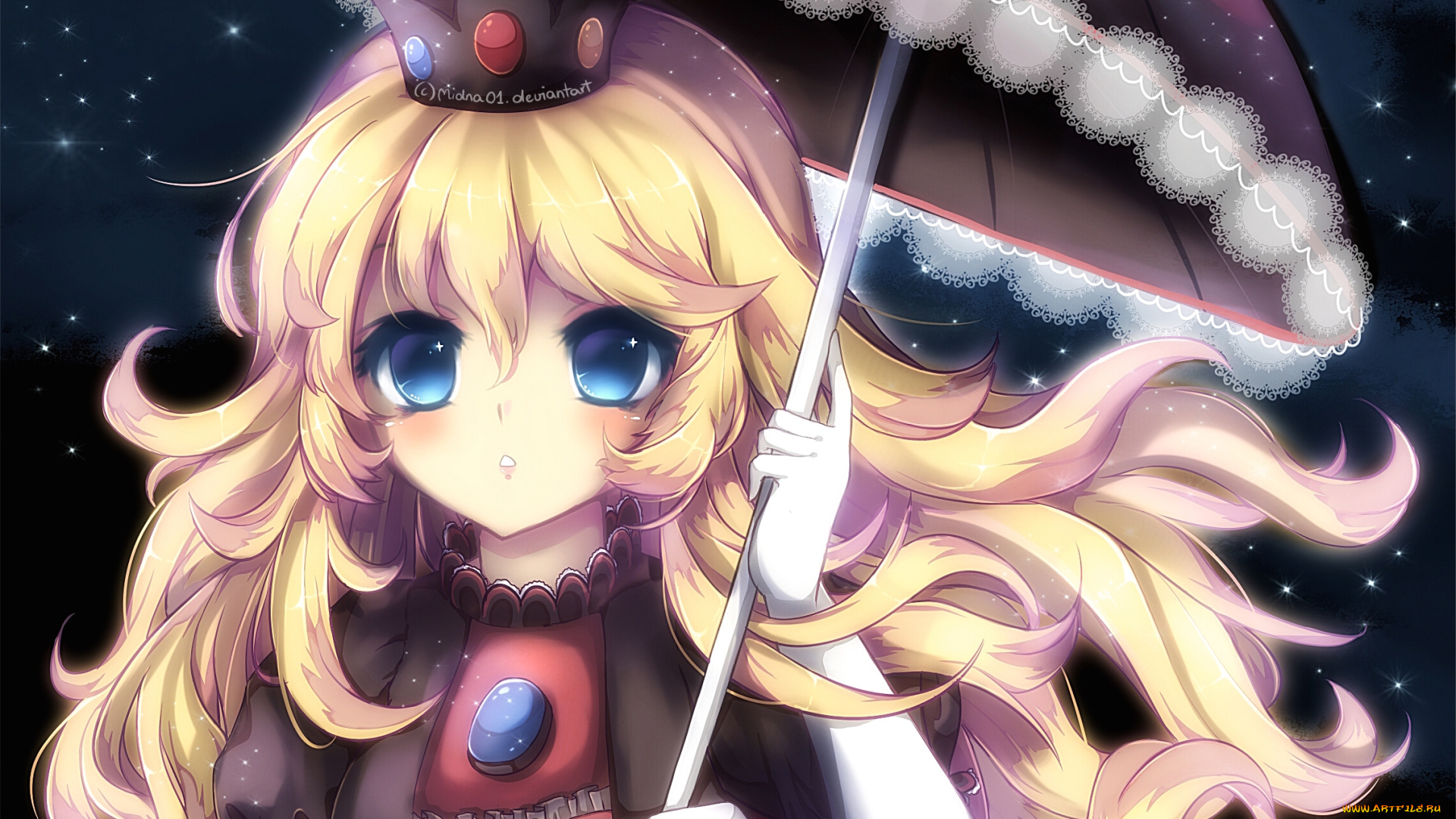 аниме, unknown, , другое, princess, peach, midna01, арт, девочка, ночь, звёздное, небо, зонт, корона, прицеса