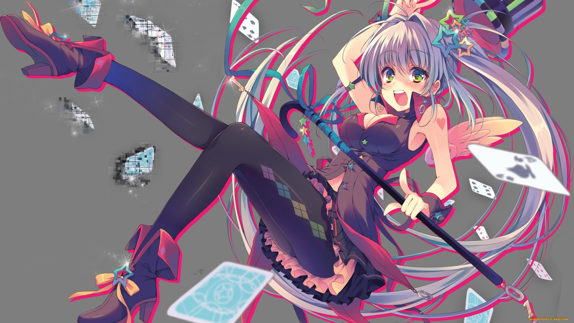 аниме, unknown, , другое, reia, арт, девушка, фон, карты, искры, шляпа
