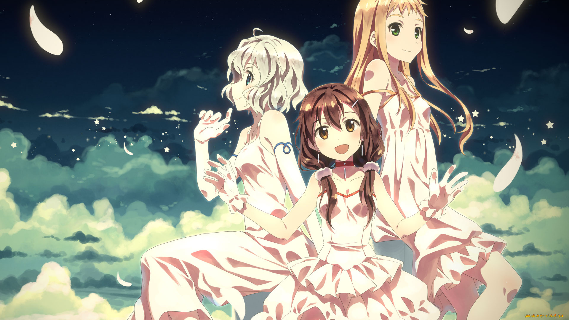 аниме, unknown, , другое, трио, девушки, арт, yuuki, tatsuya, облака, небо